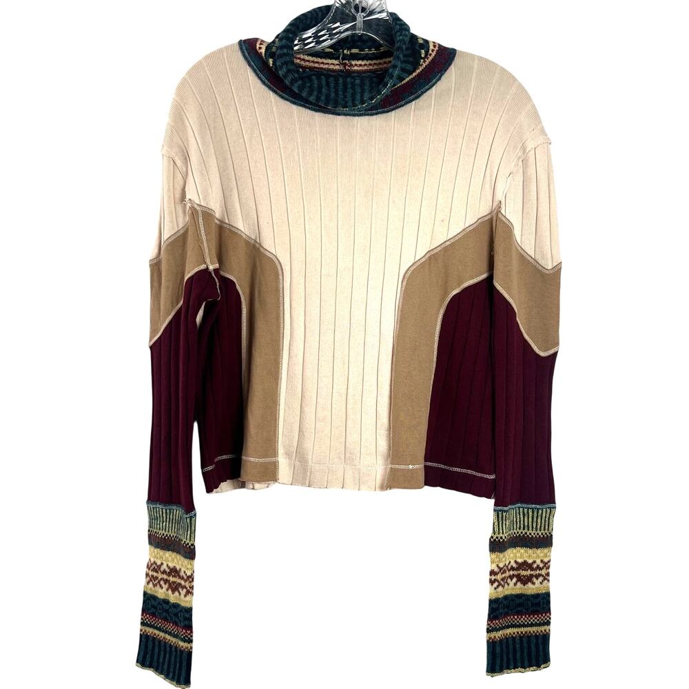 Free People Women's Ribbed Pullover Top Long Sleeves Colorblock Boho Chic Size S